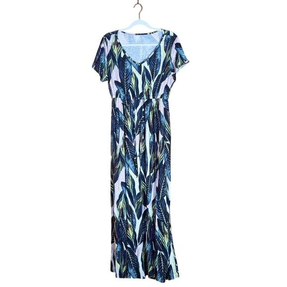 NWT Women's V-Neck Tie Belt Empire Waist Short Sleeve Maxi Dress Tropical L - Picture 1 of 11